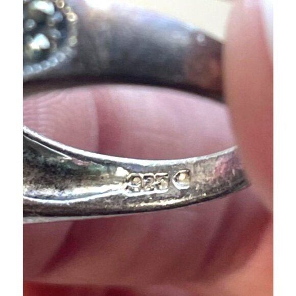 Vintage 925 Sterling Silver Art Deco Marcasite Onyx Ring Sz 8 Tramp Art Nouveau - Picture 5 of 6